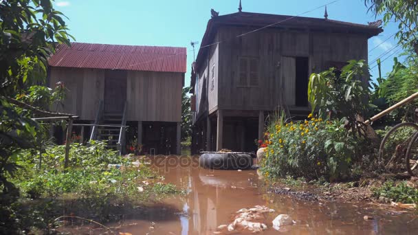 Πλημμύρα ύδατα υπό ξυλοπόδαρο σπίτια με μια σημαδούρα να επιπλέει στην αυλή — Αρχείο Βίντεο
