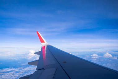 Mavi gökyüzünde uçağın kanadı.