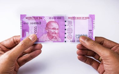 Holding veya veren 2000 rupi beyaz arka plan, portre, Hint para birimi Not Gandici resim, Hint kağıt para ile her iki elinde adam bakan adam Not