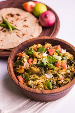 Güney Asya gıda maddesini, maharashtra, tadı Jowar un düz ekmek veya bhakar veya bhakri ile büyük içinde popüler Baigan Bharta - patlıcan püresi olduğunu