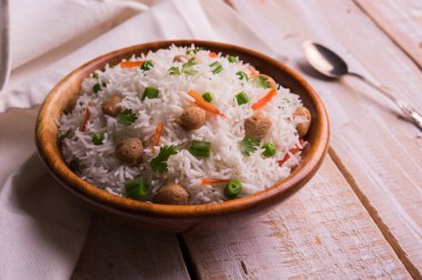 Lezzetli soya pulao ya da pilav veya pulav veya pirinç ya da soya Dobiş bezelye ve fasulye, Hintli ya da Pakistanlı mutfağı ile kızarmış pilav