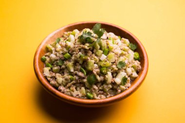 Salatalık salatası (Cucumis sativus), Kakdi raita veya Koshimbir olarak da bilinir. Hindistan 'da favori ve sağlıklı meze, dengesiz arka planda bir kasede servis edilir. seçici odak