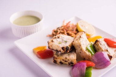 Paneer tikka kebap - tandır Hint peyniri şişleri ya da yeşil soslu beyaz tabakta servis edilen kırmızı biber paneer ve renkli salata, seçici odaklı