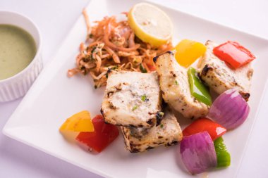 Paneer tikka kebap - tandır Hint peyniri şişleri ya da yeşil soslu beyaz tabakta servis edilen kırmızı biber paneer ve renkli salata, seçici odaklı