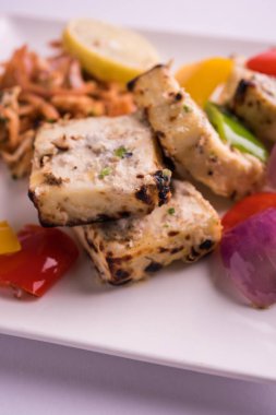 Paneer tikka kebap - tandır Hint peyniri şişleri ya da yeşil soslu beyaz tabakta servis edilen kırmızı biber paneer ve renkli salata, seçici odaklı