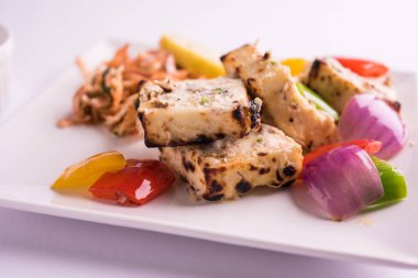 Paneer tikka kebap - tandır Hint peyniri şişleri ya da yeşil soslu beyaz tabakta servis edilen kırmızı biber paneer ve renkli salata, seçici odaklı