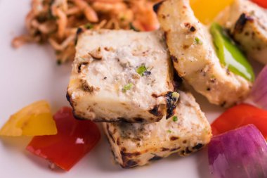 Paneer tikka kebap - tandır Hint peyniri şişleri ya da yeşil soslu beyaz tabakta servis edilen kırmızı biber paneer ve renkli salata, seçici odaklı