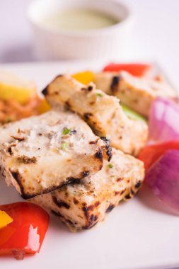Paneer tikka kebap - tandır Hint peyniri şişleri ya da yeşil soslu beyaz tabakta servis edilen kırmızı biber paneer ve renkli salata, seçici odaklı