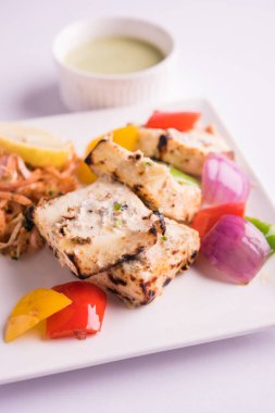 Paneer tikka kebap - tandır Hint peyniri şişleri ya da yeşil soslu beyaz tabakta servis edilen kırmızı biber paneer ve renkli salata, seçici odaklı