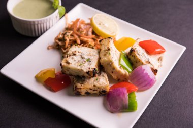Paneer tikka kebap - tandır Hint peyniri şişleri ya da yeşil soslu beyaz tabakta servis edilen kırmızı biber paneer ve renkli salata, seçici odaklı