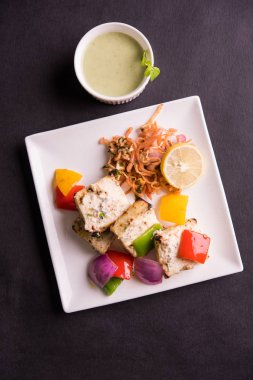 Paneer tikka kebap - tandır Hint peyniri şişleri ya da yeşil soslu beyaz tabakta servis edilen kırmızı biber paneer ve renkli salata, seçici odaklı