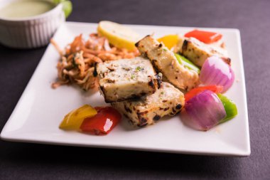 Paneer tikka kebap - tandır Hint peyniri şişleri ya da yeşil soslu beyaz tabakta servis edilen kırmızı biber paneer ve renkli salata, seçici odaklı