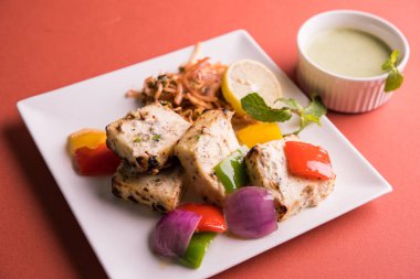 Paneer tikka kebap - tandır Hint peyniri şişleri ya da yeşil soslu beyaz tabakta servis edilen kırmızı biber paneer ve renkli salata, seçici odaklı