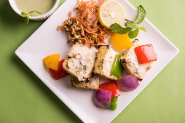 Paneer tikka kebap - tandır Hint peyniri şişleri ya da yeşil soslu beyaz tabakta servis edilen kırmızı biber paneer ve renkli salata, seçici odaklı