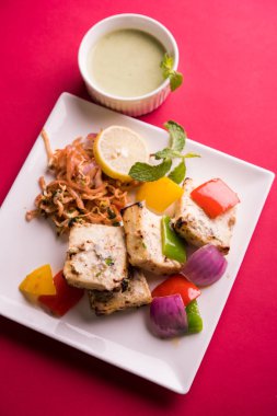 Paneer tikka kebap - tandır Hint peyniri şişleri ya da yeşil soslu beyaz tabakta servis edilen kırmızı biber paneer ve renkli salata, seçici odaklı