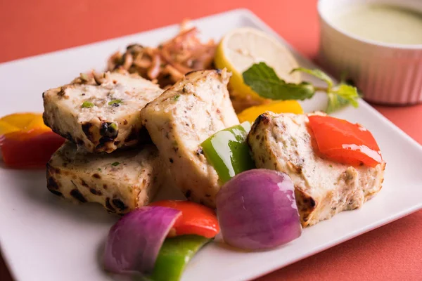 Paneer tikka kebap - tandır Hint peyniri şişleri ya da yeşil soslu beyaz tabakta servis edilen kırmızı biber paneer ve renkli salata, seçici odaklı