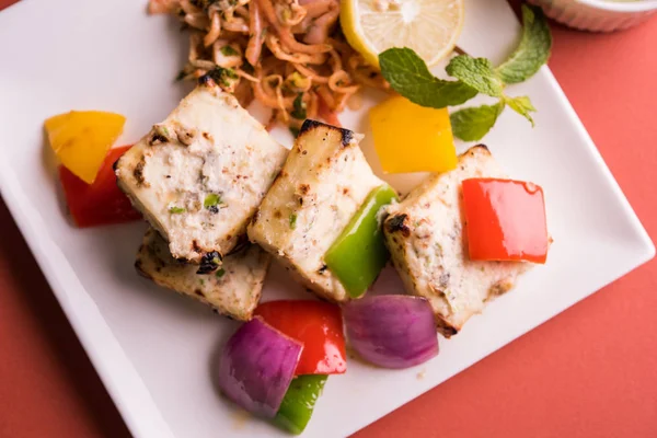 Paneer tikka kebap - tandır Hint peyniri şişleri ya da yeşil soslu beyaz tabakta servis edilen kırmızı biber paneer ve renkli salata, seçici odaklı