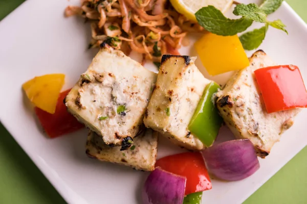 Paneer tikka kebap - tandır Hint peyniri şişleri ya da yeşil soslu beyaz tabakta servis edilen kırmızı biber paneer ve renkli salata, seçici odaklı