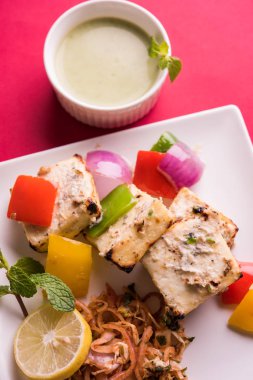 Paneer tikka kebap - tandır Hint peyniri şişleri ya da yeşil soslu beyaz tabakta servis edilen kırmızı biber paneer ve renkli salata, seçici odaklı