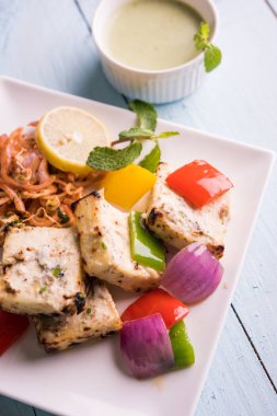 Paneer tikka kebap - tandır Hint peyniri şişleri ya da yeşil soslu beyaz tabakta servis edilen kırmızı biber paneer ve renkli salata, seçici odaklı