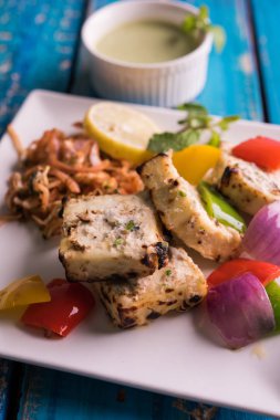 Paneer tikka kebap - tandır Hint peyniri şişleri ya da yeşil soslu beyaz tabakta servis edilen kırmızı biber paneer ve renkli salata, seçici odaklı