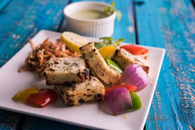 Paneer tikka kebap - tandır Hint peyniri şişleri ya da yeşil soslu beyaz tabakta servis edilen kırmızı biber paneer ve renkli salata, seçici odaklı