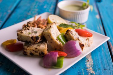 Paneer tikka kebap - tandır Hint peyniri şişleri ya da yeşil soslu beyaz tabakta servis edilen kırmızı biber paneer ve renkli salata, seçici odaklı