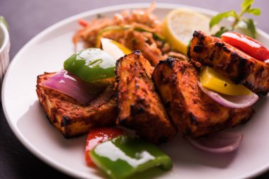 Paneer Tikka veya acı biber kebabı - Tandır Hint peyniri şişleri, beyaz tabakta servis edilir renkli kapsiyum, soğan ve yeşil sos ile