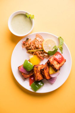 Paneer Tikka veya acı biber kebabı - Tandır Hint peyniri şişleri, beyaz tabakta servis edilir renkli kapsiyum, soğan ve yeşil sos ile