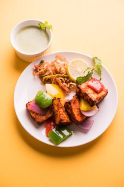 Paneer Tikka veya acı biber kebabı - Tandır Hint peyniri şişleri, beyaz tabakta servis edilir renkli kapsiyum, soğan ve yeşil sos ile