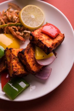 Paneer Tikka veya acı biber kebabı - Tandır Hint peyniri şişleri, beyaz tabakta servis edilir renkli kapsiyum, soğan ve yeşil sos ile