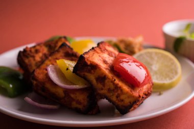 Paneer Tikka veya acı biber kebabı - Tandır Hint peyniri şişleri, beyaz tabakta servis edilir renkli kapsiyum, soğan ve yeşil sos ile