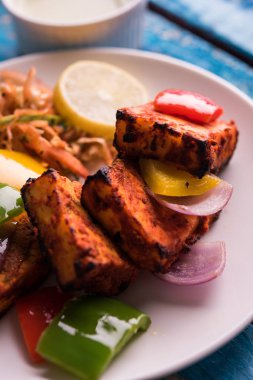 Paneer Tikka veya acı biber kebabı - Tandır Hint peyniri şişleri, beyaz tabakta servis edilir renkli kapsiyum, soğan ve yeşil sos ile