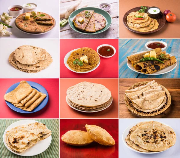 Collage de pain indien, puri, roti, aloo paratha, gobhi paratha, muli paratha, naan, laccha paratha — Photo