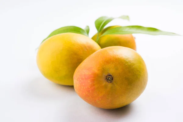 König der Früchte; alphonso gelbe Mangofrucht Duo mit Stielen und grünem Blatt isoliert auf weißem Hintergrund, ein Produkt von Konkan aus Maharashtra - Indien — Stockfoto