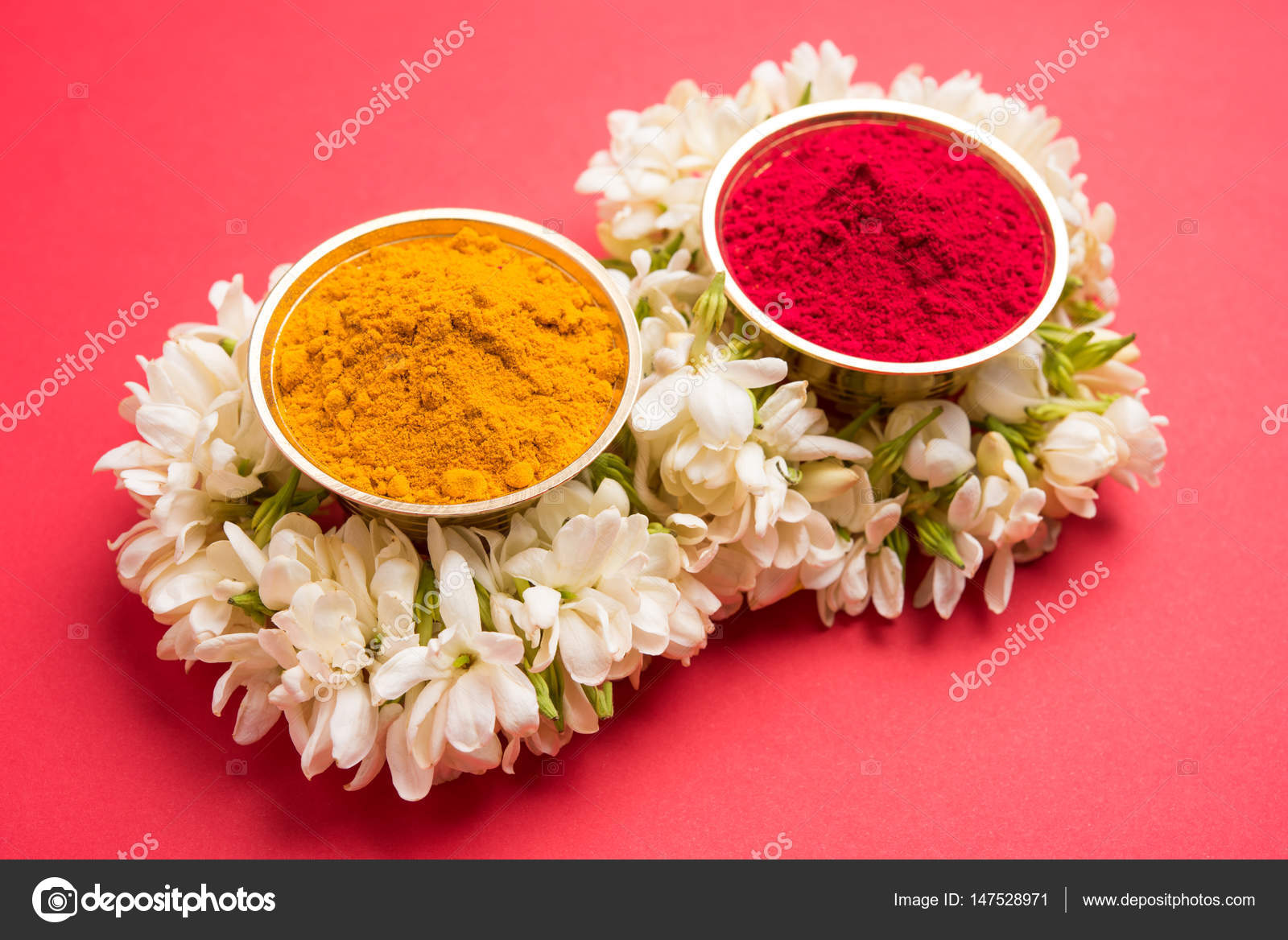 Top View of Two Bowls of Haldi Kumkum Isolated on Grey Background Stock  Image  Image of design celibration 187049259