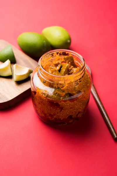 Homemade Mango Pickle or aam ka achar or achaar in aglass jar, selective focus