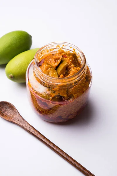 Homemade Mango Pickle or aam ka achar or achaar in aglass jar, selective focus — Stock Photo, Image