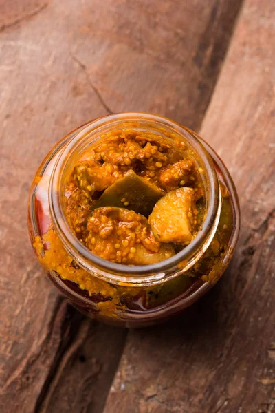Homemade Mango Pickle or aam ka achar or achaar in aglass jar, selective focus — Stock Photo, Image