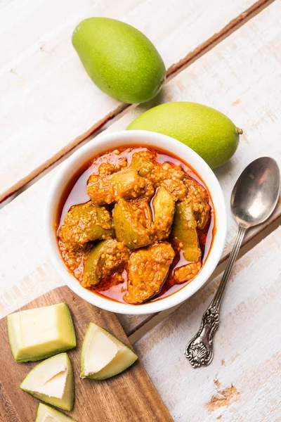 Homemade Mango Pickle or aam ka achar or achaar in white bowl, selective focus — Stock Photo, Image