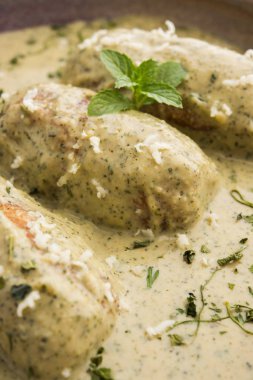 Methi malai paneer veya krem çemen ve Paneer Curry, popüler Kuzey Hint tarifi süt krem, methi ve paneer veya süzme peynir, kullanılarak hazırlanan roti/paratha, seçici odak ile servis