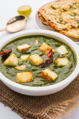 Hint köri çanak - ıspanak ve peynir, oluşan Palak paneer beyaz kase, seçici odak görev yaptı.