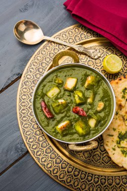 Hint köri çanak - ıspanak ve peynir, oluşan Palak paneer beyaz kase, seçici odak görev yaptı.