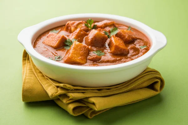 Paneer butter masala or cheese cottage curry, popular indian lunch/dinner menu in weddings or parties, selective focus — Stock Photo, Image