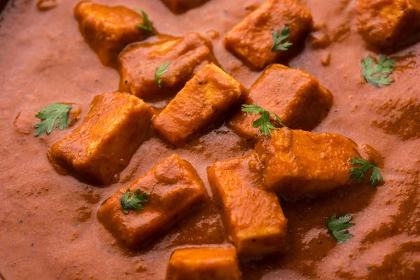 Paneer butter masala or cheese cottage curry, popular indian lunch/dinner menu in weddings or parties, selective focus — Stock Photo, Image