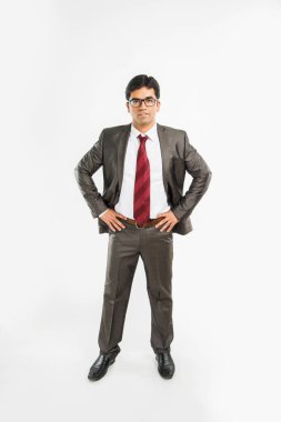beyaz arka plan üzerinde izole ayakta yakışıklı asyalı veya hintli işadamı portresi