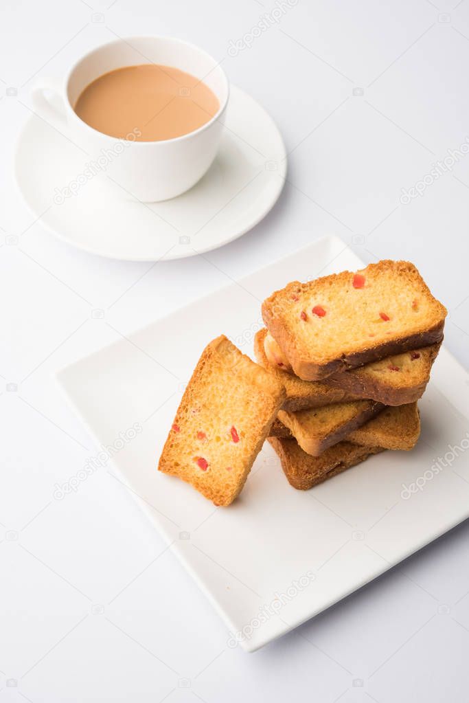 Indian punjabi or Delhi bread toast with tutti frutti flavour, served
