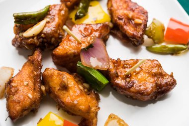 Baharatlı Paneer veya kuru biber paneer veya paneer tikka veya süzme peynir, kırmızı biber ve soğan, favori Hint başlangıç menüsü, seçici odak ile beyaz yemek servis