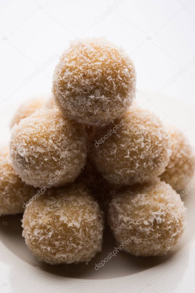 homemade Coconut Ladoo  / Sweet Laddu made with coconut and milk, selective focus