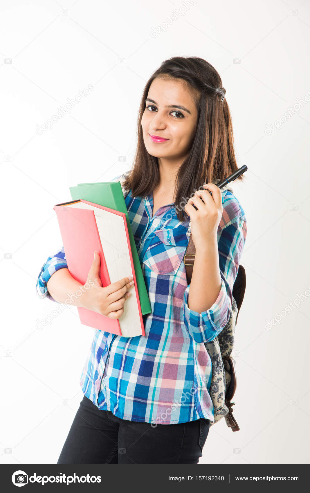 Good Looking Indian Female College Student Standing With Bag Holding